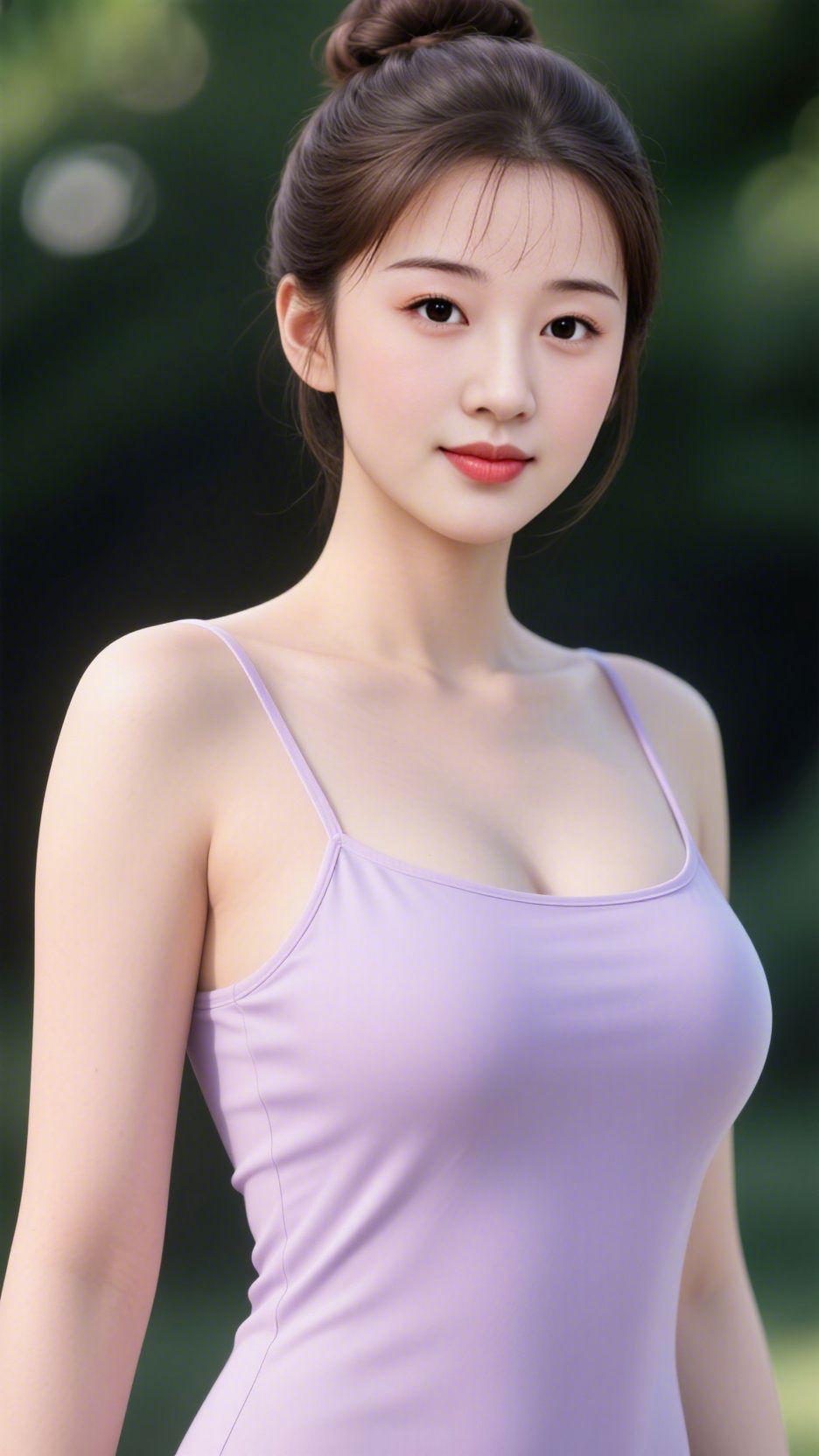 《柔紫衬夏凉》树影把风滤成淡绿的纱，她立在这团软雾里，发梢松挽成圆髻，几缕