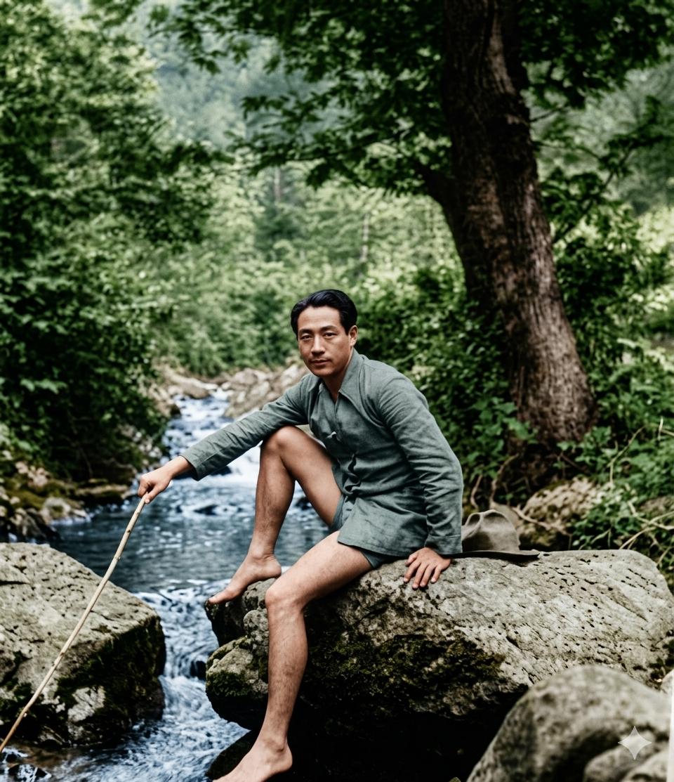 照片中身着朴素的短衣短裤，赤足坐在山间溪涧的岩石上的人叫胡底，原名胡百昌，只见他