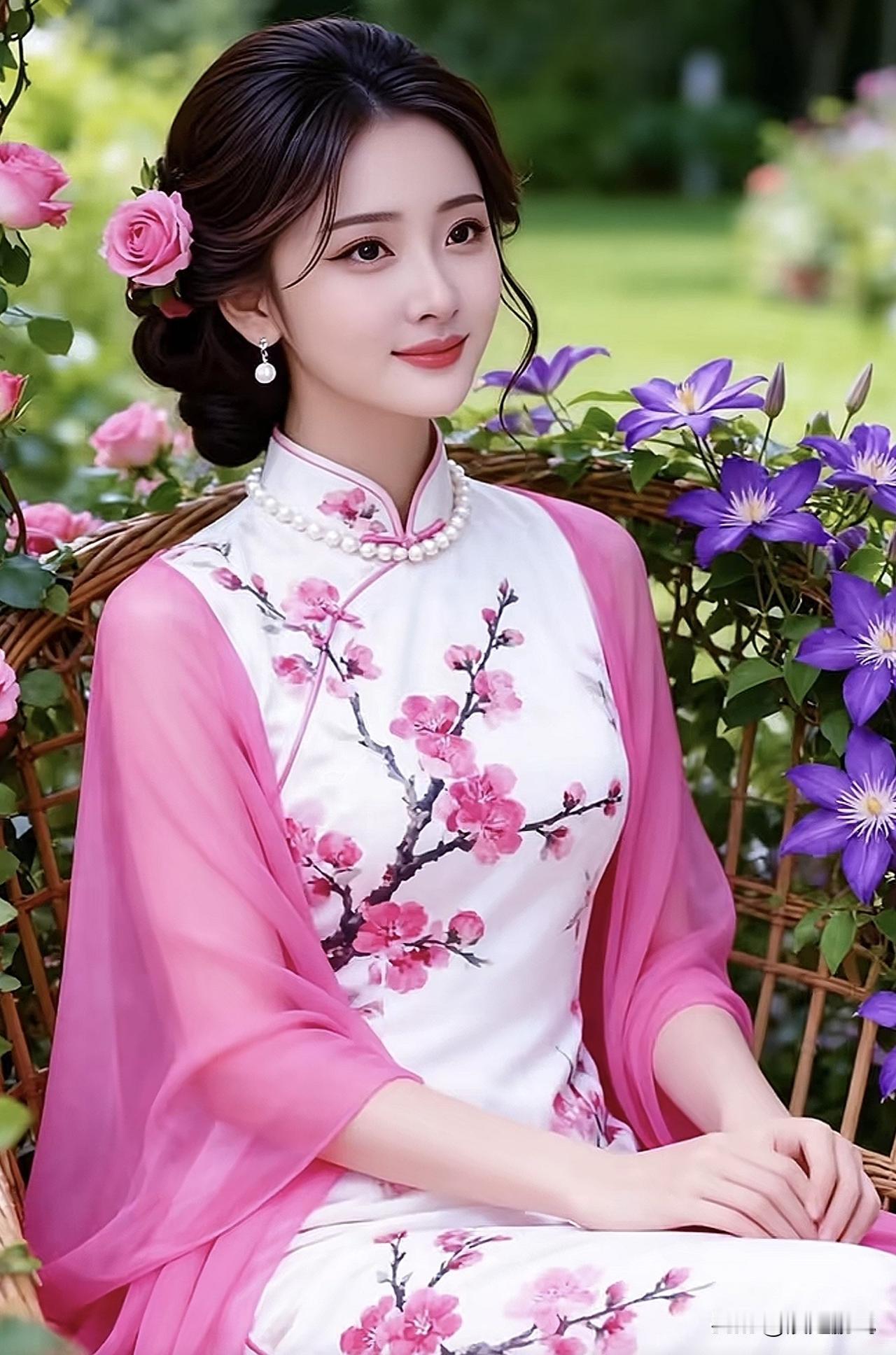 温柔古典的旗袍，花丛中的优雅美人旗袍烟雨景旗袍风景玫瑰花旗袍写真旗袍庭院照