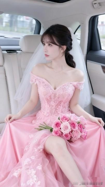 梦幻粉色婚纱，新娘车中静候幸福时刻新娘梦幻礼服