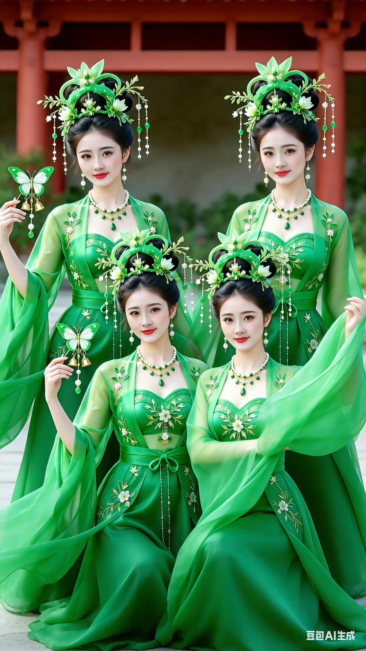翠袂佳人翠袖罗裙映古廊，华簪缀玉暗香藏。群芳同聚风姿雅，一抹清妍入画长。