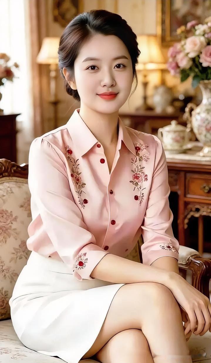 粉色绣花衬衫配素白裙，温婉端坐暖光里。刺绣生花，优雅从容，尽显岁月静好的知性之美