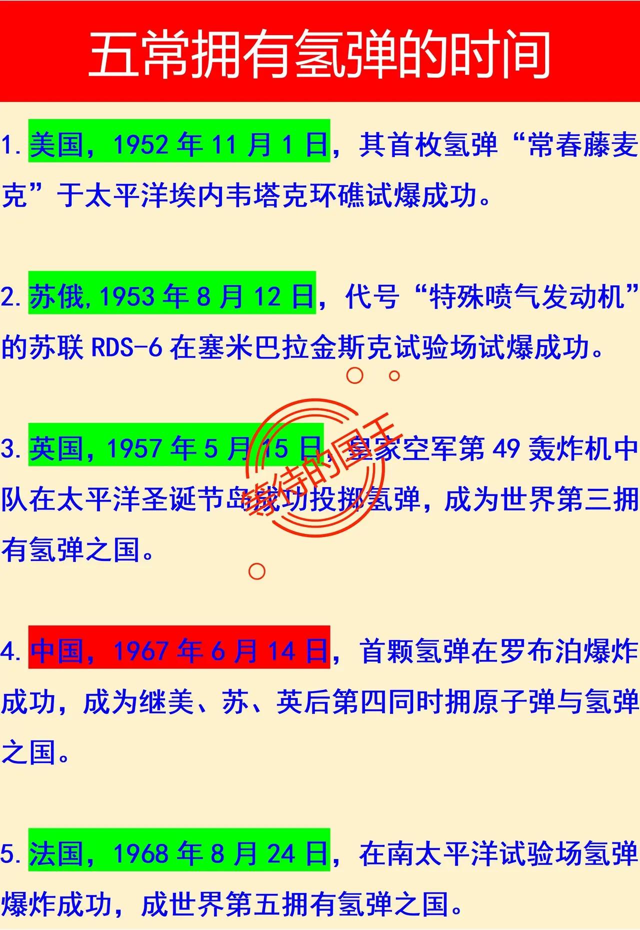 我国是第5个拥有原子弹的国家，但在氢弹的制造上实现了弯道超车。1964年我国
