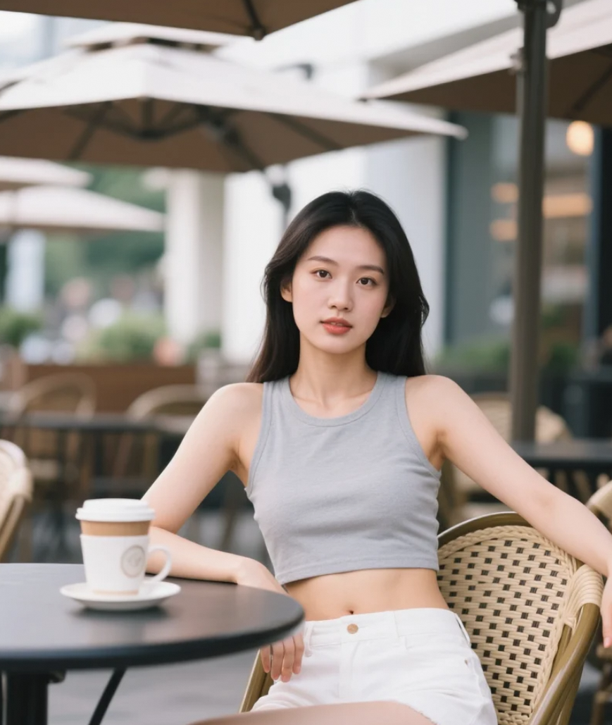 露天咖啡座里的亚洲美女，享受悠闲午后时光