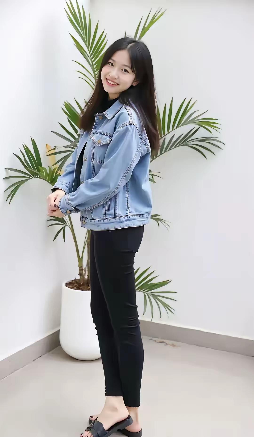 牛仔外套+黑色紧身裤，简约又时尚，搭配黑色凉鞋，轻松出街！👗👠