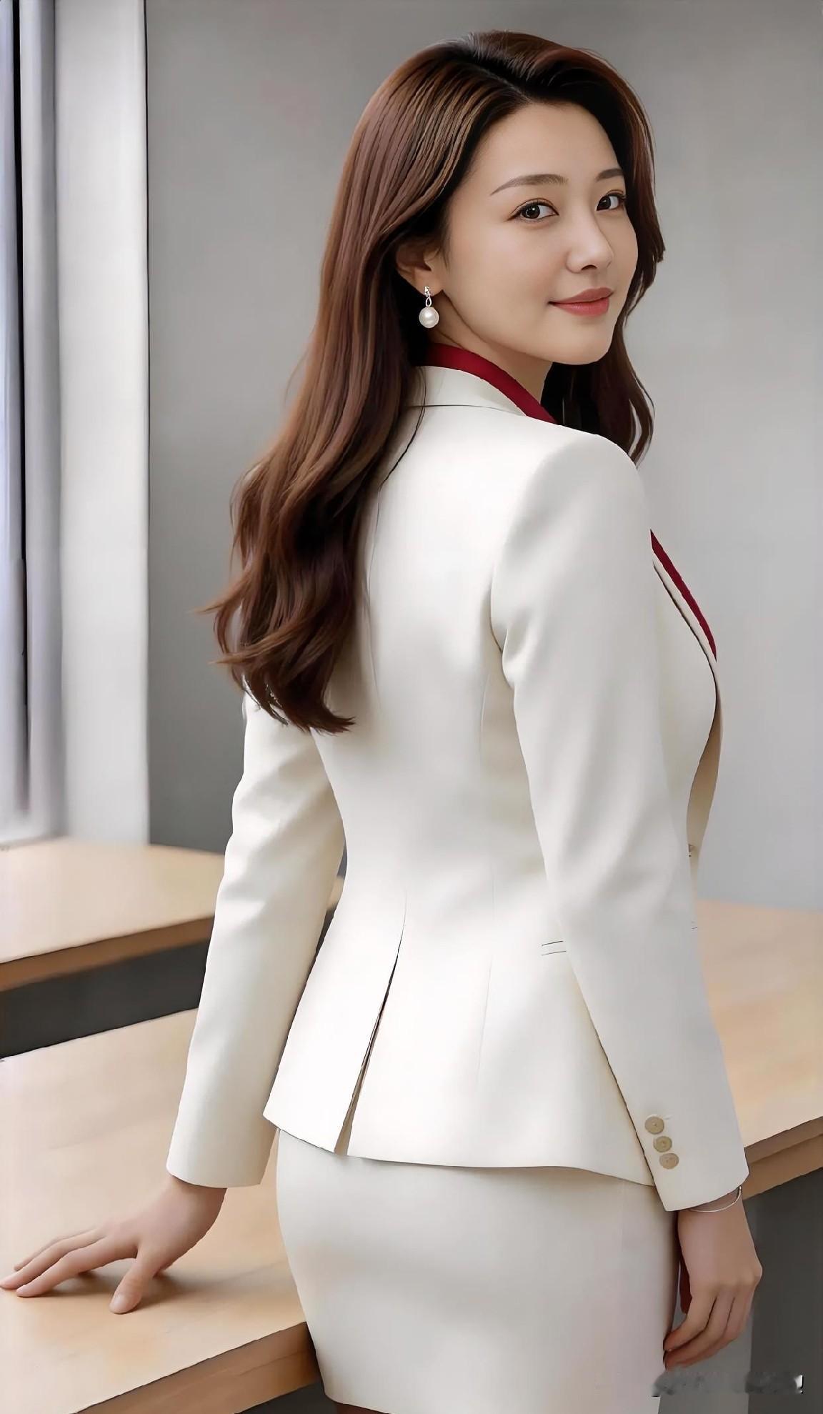 纯白套装修长挺拔，回眸浅笑温婉从容，尽显自信优雅的职业魅力。
