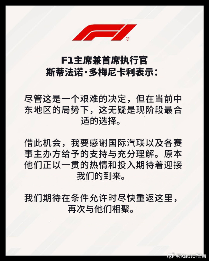 受中东局势影响F1巴林、沙特大奖赛4月取消受中东局势影响，F1巴林、沙特大奖赛及