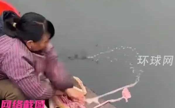 有看一名大妈在河边收拾鸭子，但在清理鸭子内脏时，大妈却在用鸭肠钓起鱼来，看到大妈