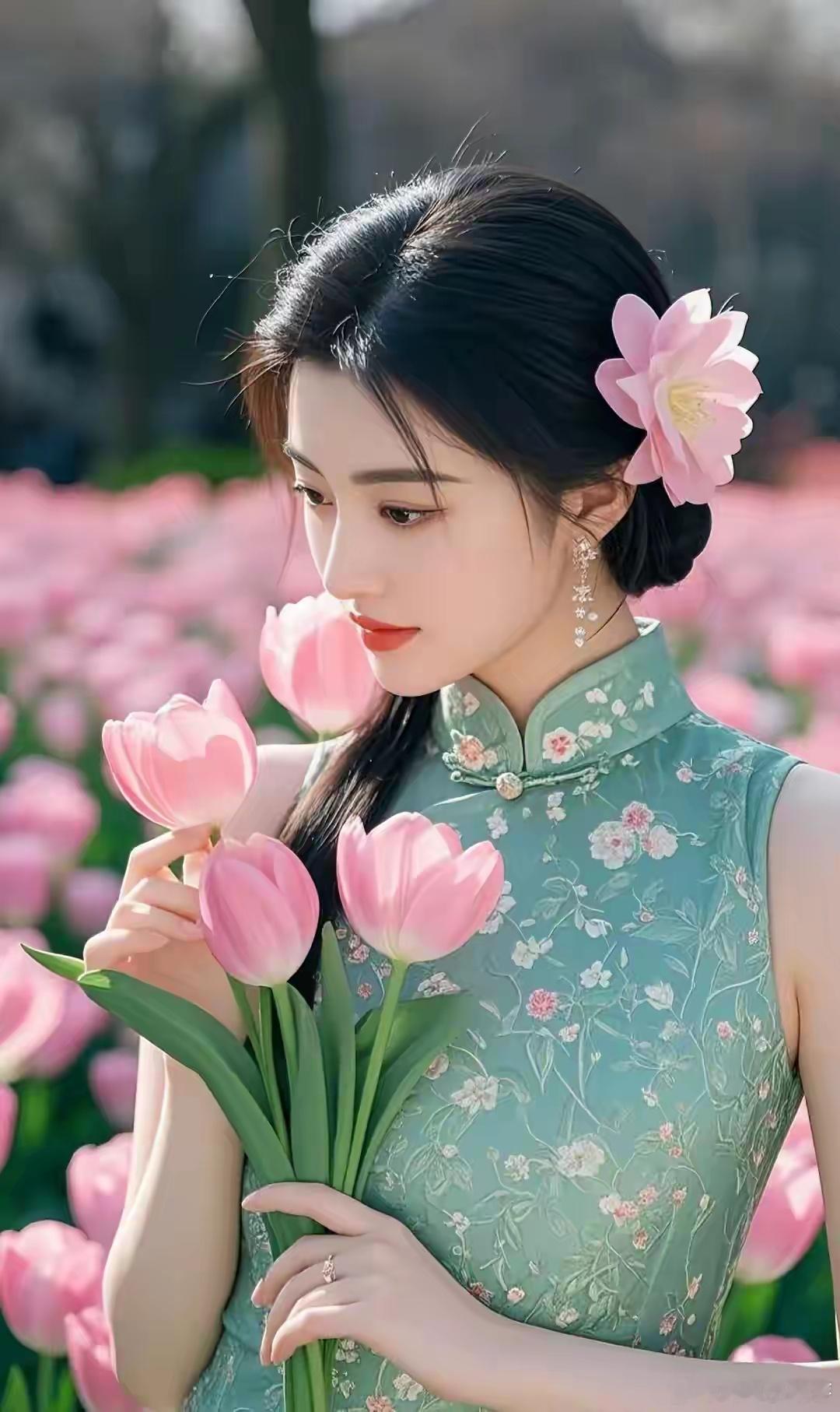 谁能想到景甜穿绿色旗袍走进郁金香花海，能美成这样！明媚春日，大片郁金香肆意盛放，