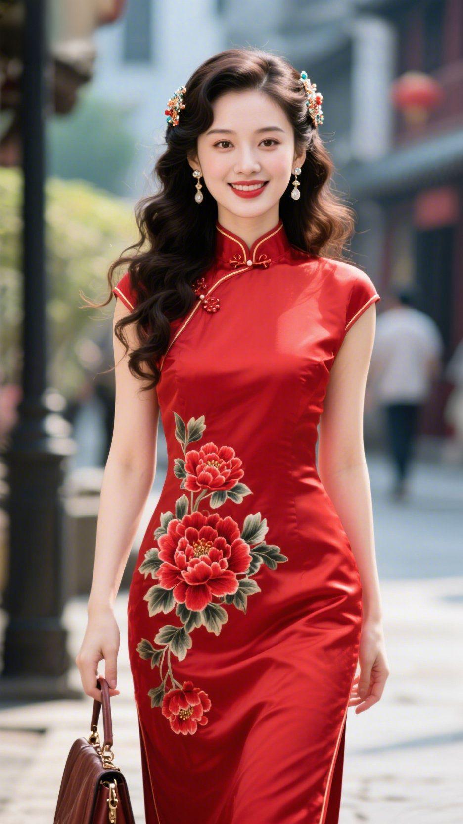 《红裙里的巷陌光》青石板铺就的巷口，她像裹了层暖日光的红。缎面旗袍曳着细