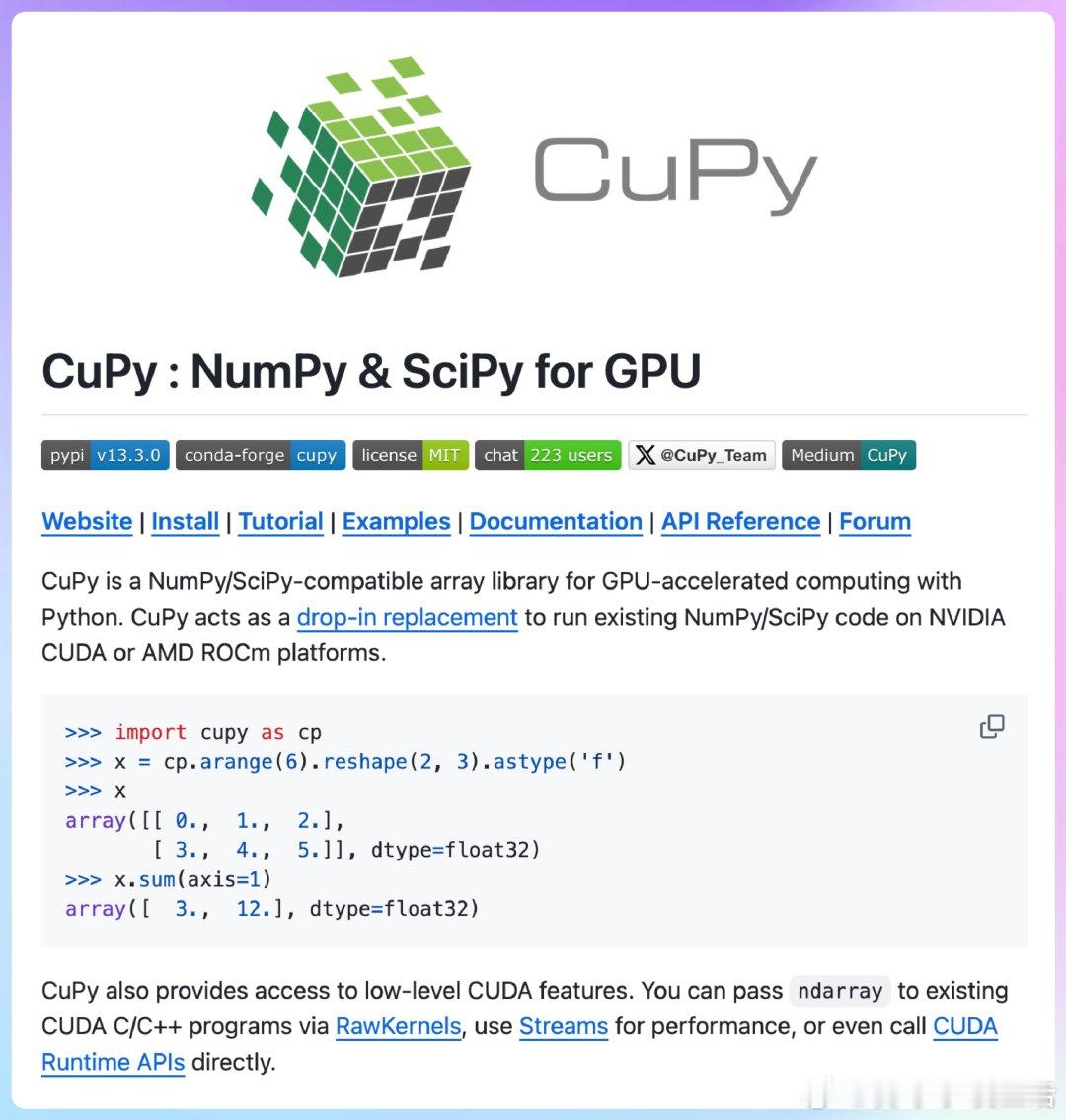 【[9.8k星]CuPy：让GPU加速变得简单易用的NumPy/SciPy替代品