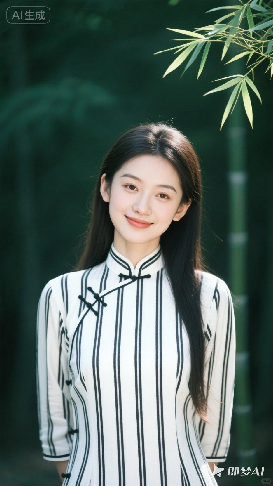 清新脱俗的竹林少女，黑白条纹旗袍，自然美如画