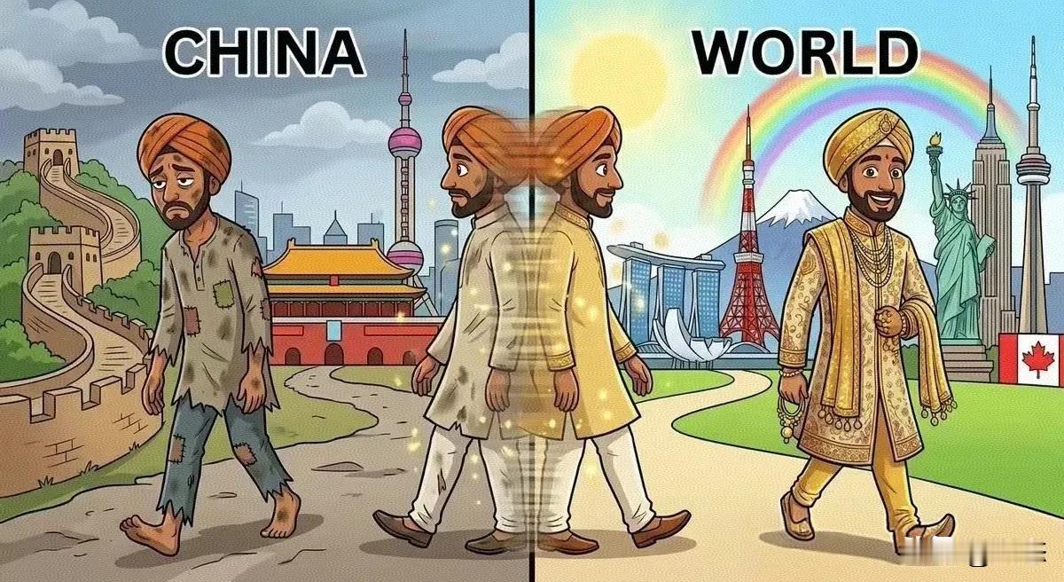 印度人画的漫画，去中国你会变成达利特人，去世界其他地方，美国，欧洲国家，新加坡等