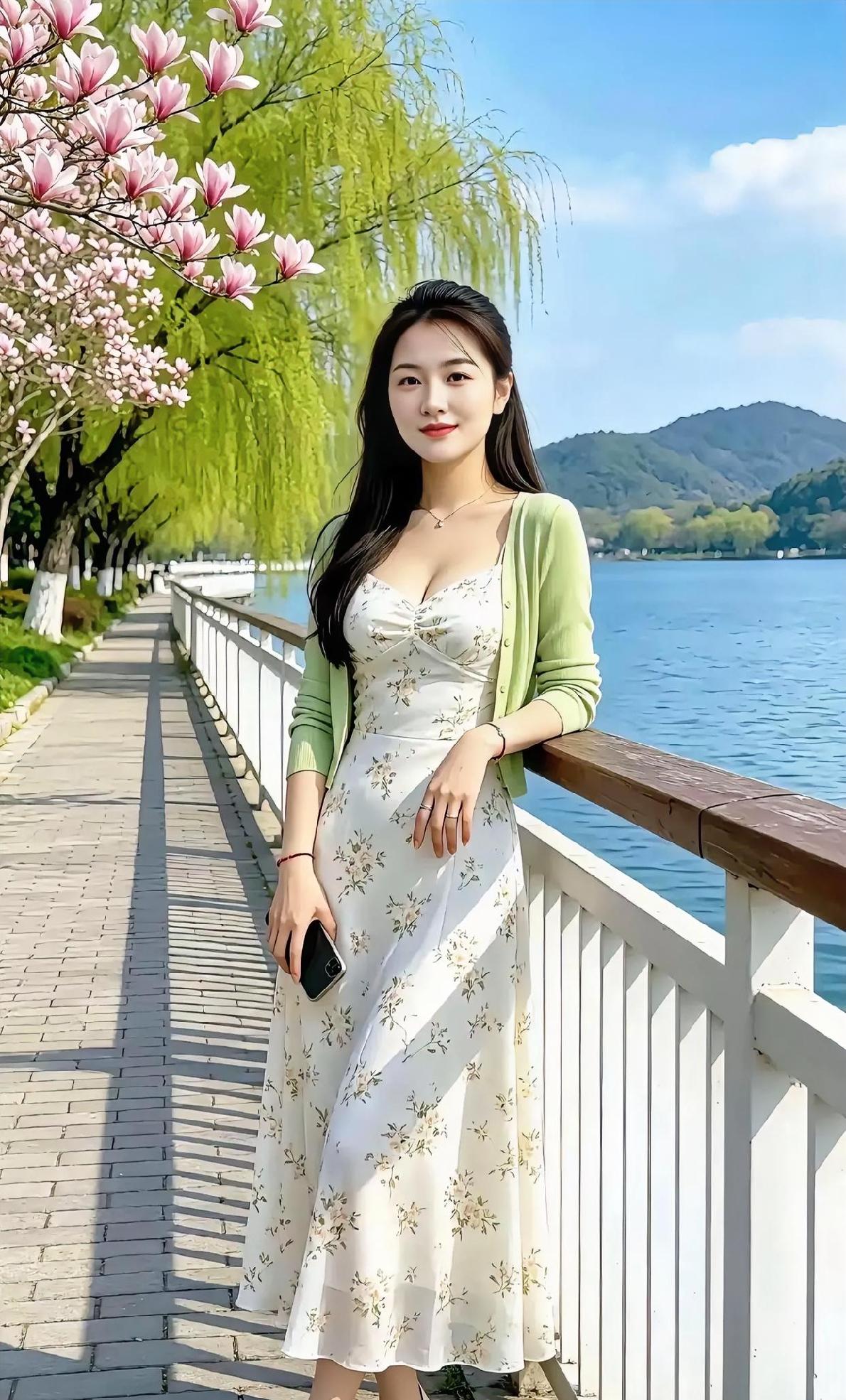 玉兰开在风里，湖水蓝得透亮。碎花裙牵着浅绿薄衫，她靠在春光的栏杆上。