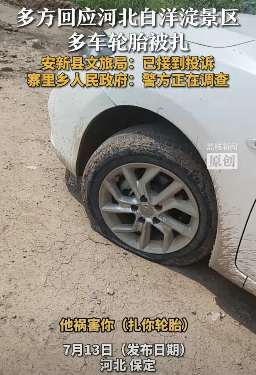 万万没想到！河北白洋淀景区，游客回家的时候发现自己车子轮胎被扎了，他们左思右想，