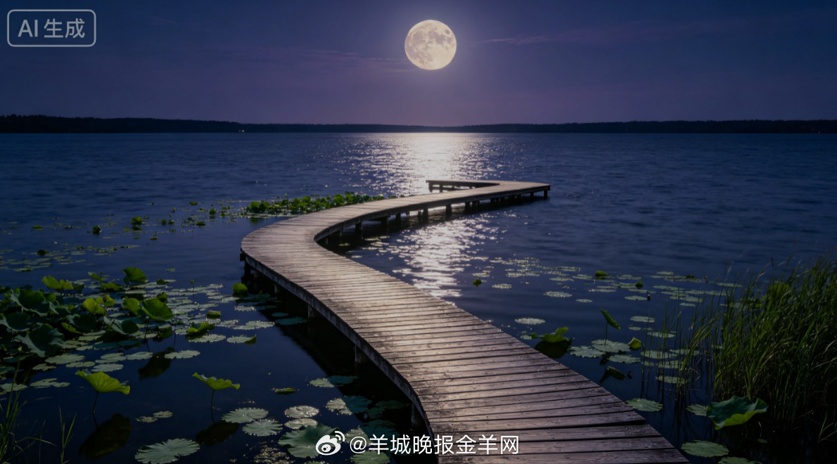 #晚安#清润月光笼罩湖面，蜿蜒木栈道延伸至水中央，晚风轻拂荷叶送来淡淡清香，水