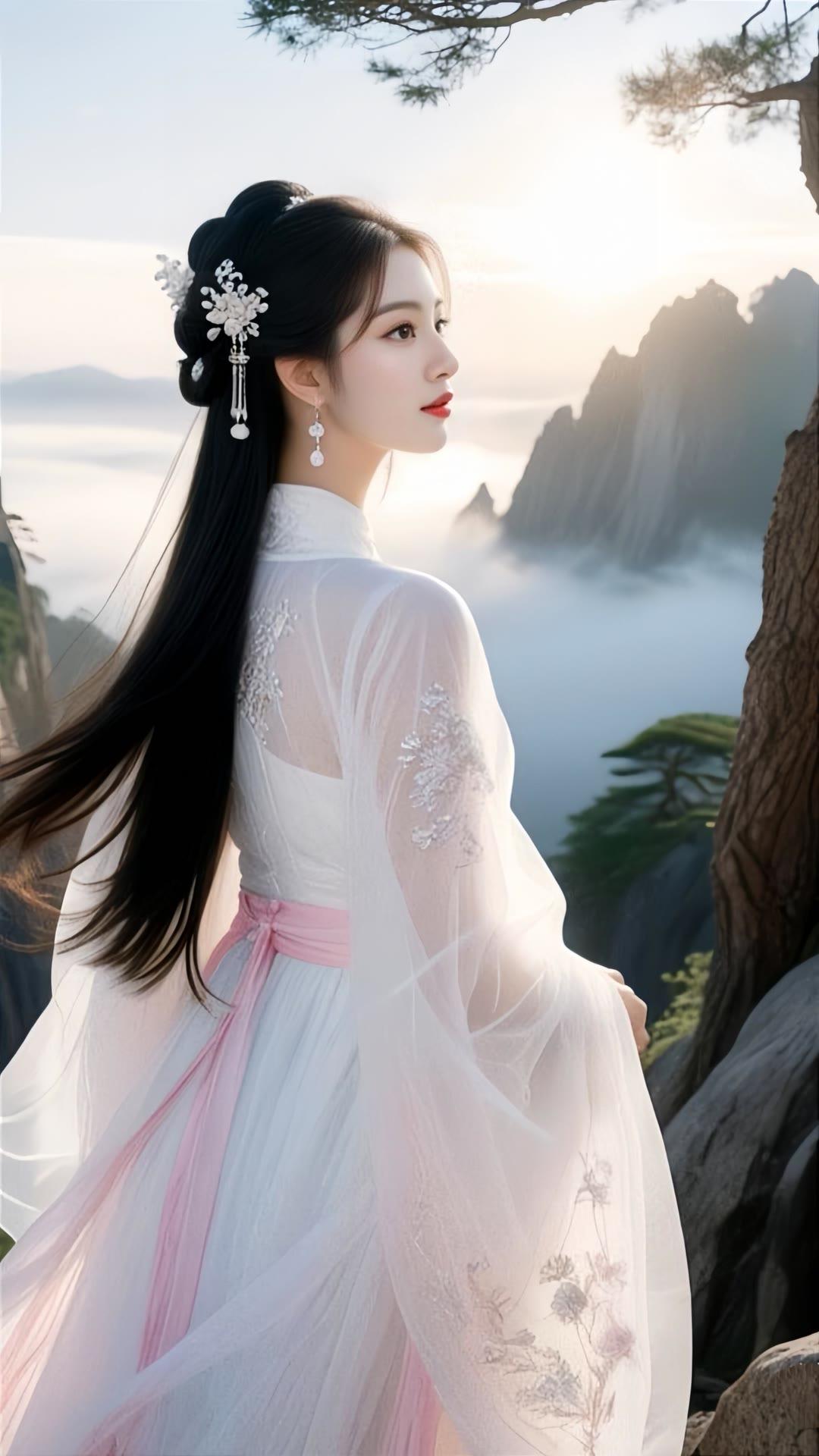 云海轻纱舞，仙姿入画来。