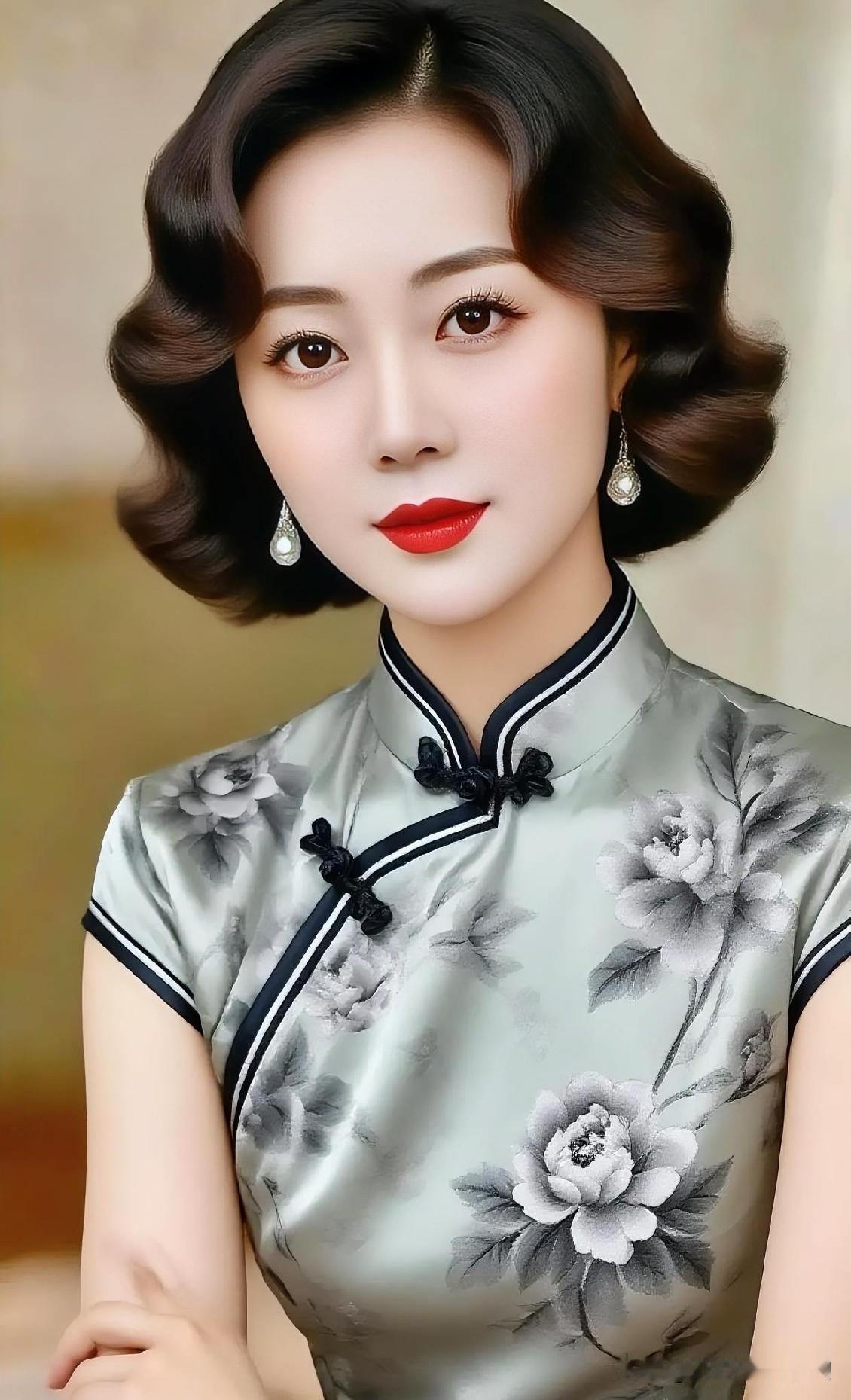 银灰缎面旗袍勾勒曼妙身姿，水墨繁花与复古盘发相映，红唇点缀，尽显东方温婉雅致。
