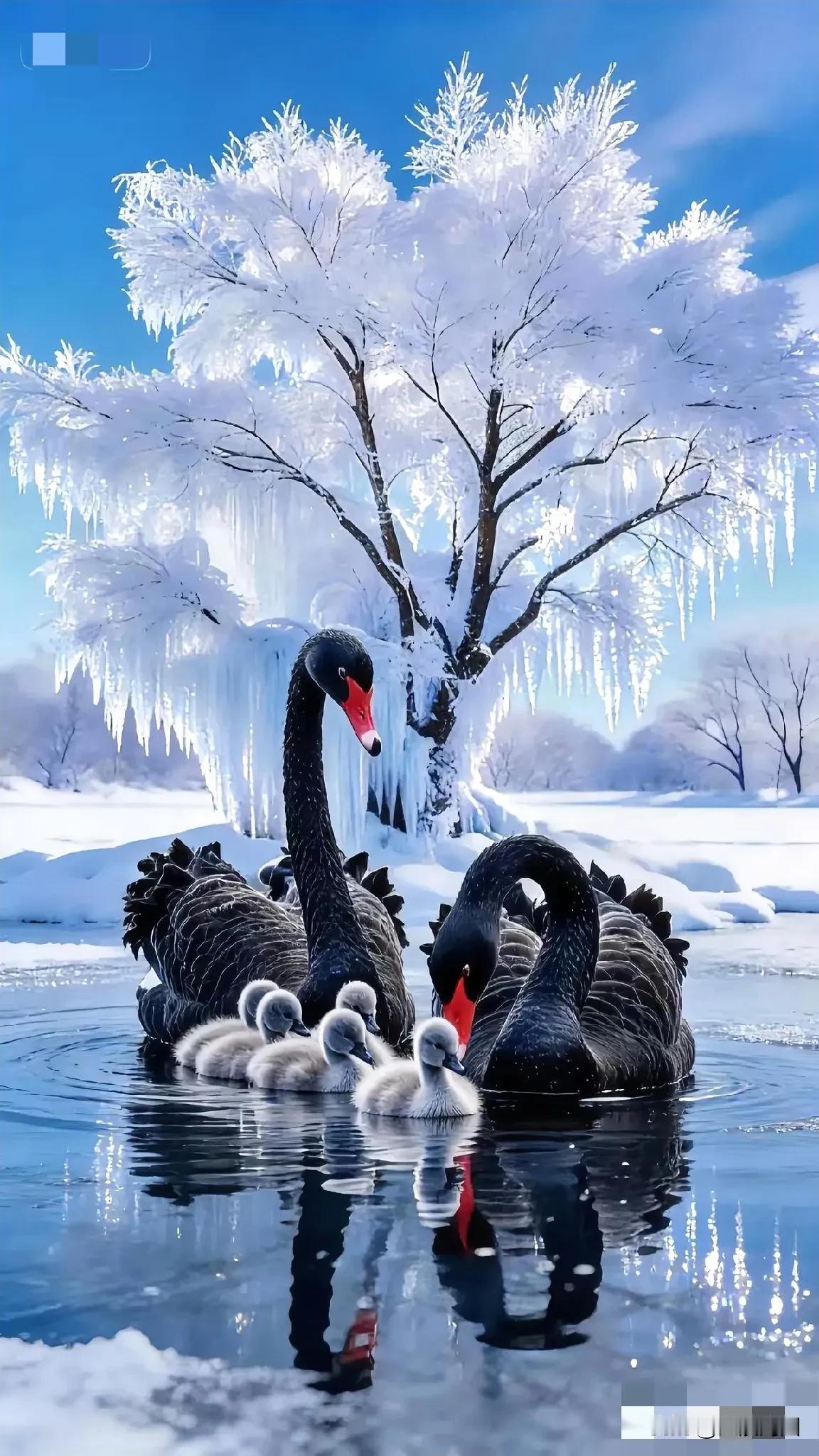 冬日里的黑天鹅一家，雪地中的温馨时光。🌨️🦢💕