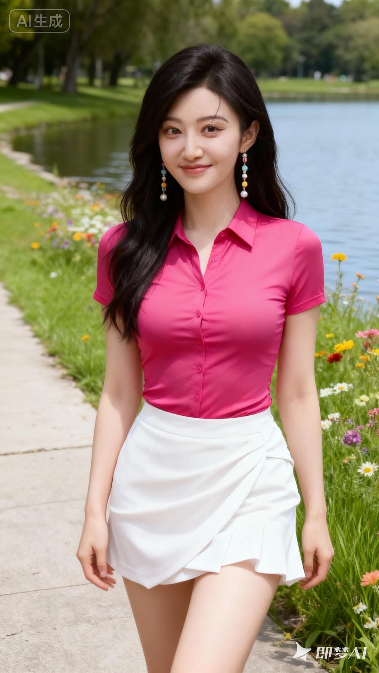 夏日清新穿搭，粉色衬衫+白色短裙，搭配彩色耳环，元气满满！🌸💕