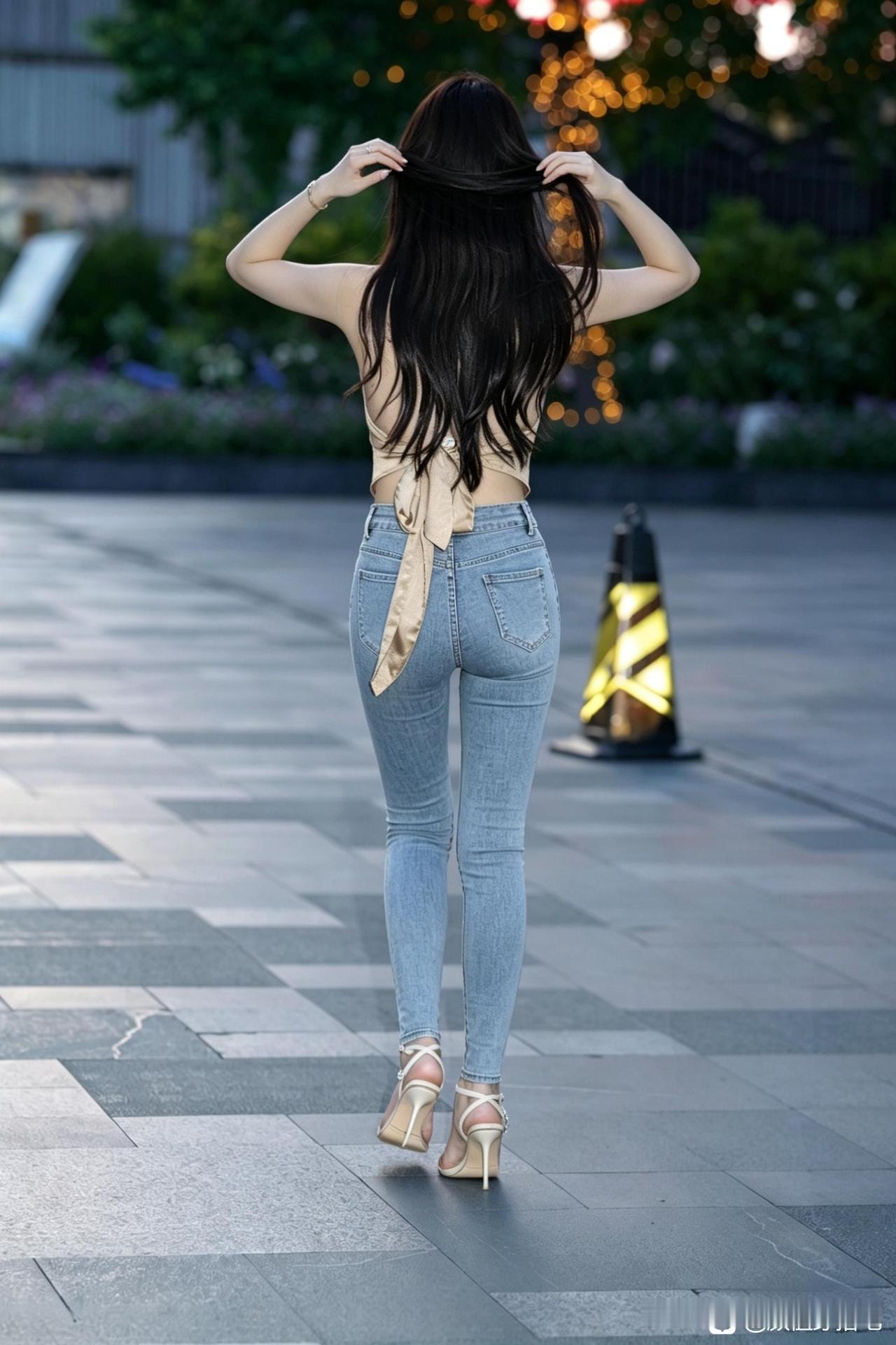 夜晚的街头，长发飘飘，时尚穿搭，回头率爆表！身材漂亮也很重要哦😐