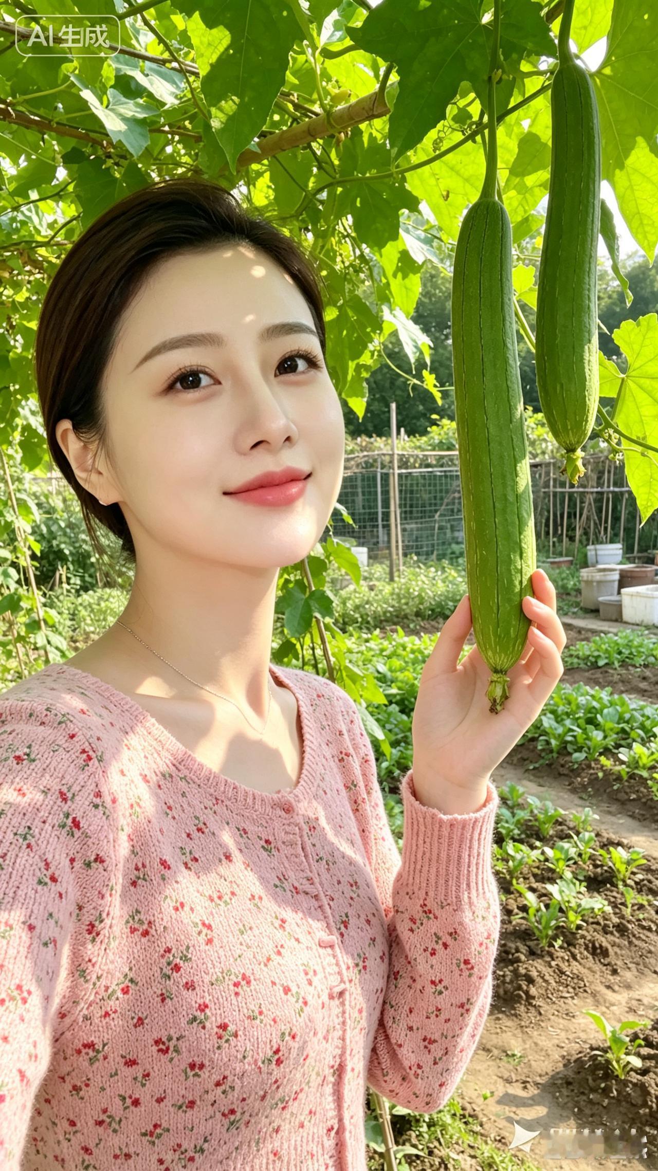 这位美女在田里拿着一根黄瓜。