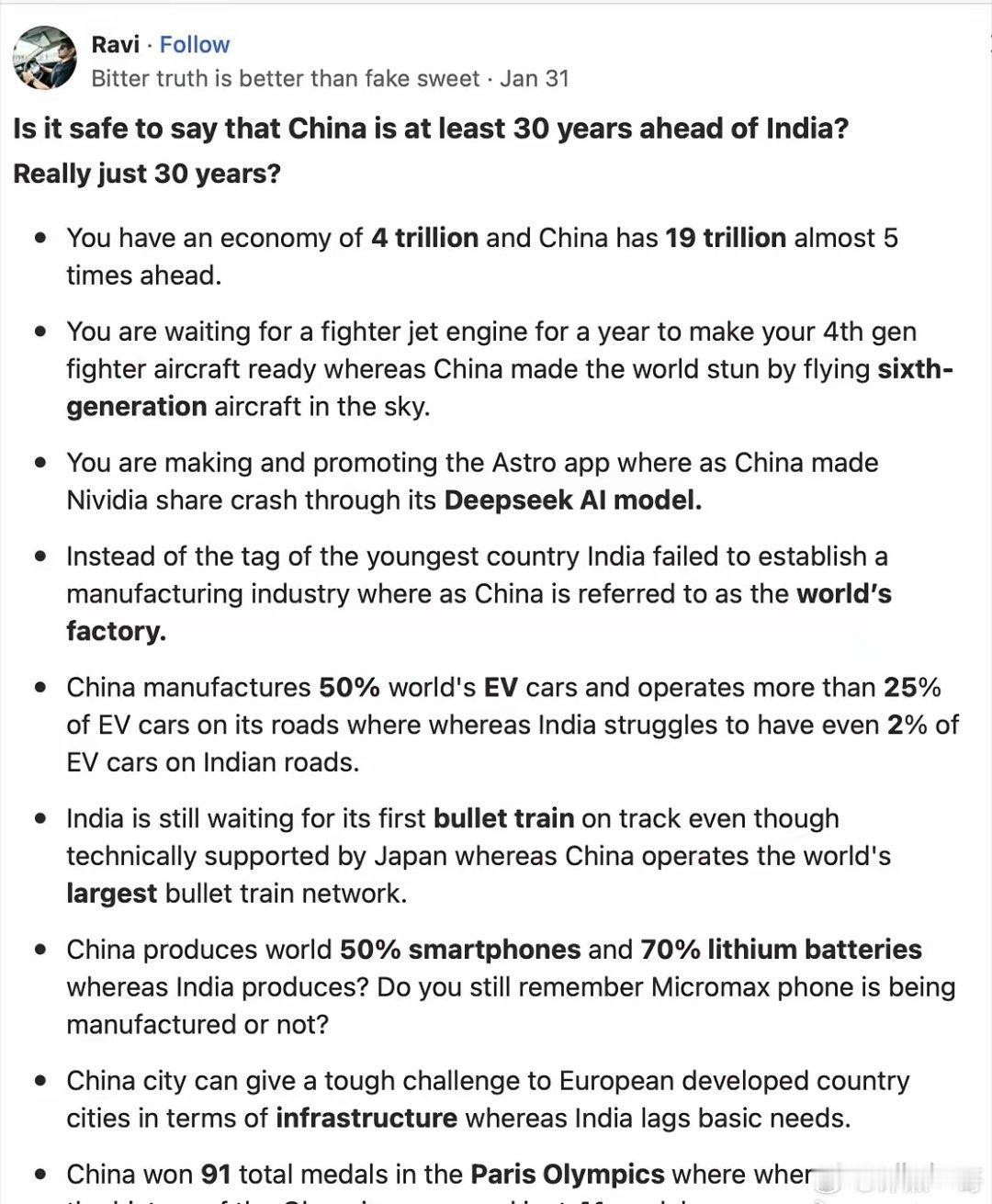 印巴冲突后，我很注意印度人反应，阿三也有清醒的。在Quora上，一位人间清醒的印