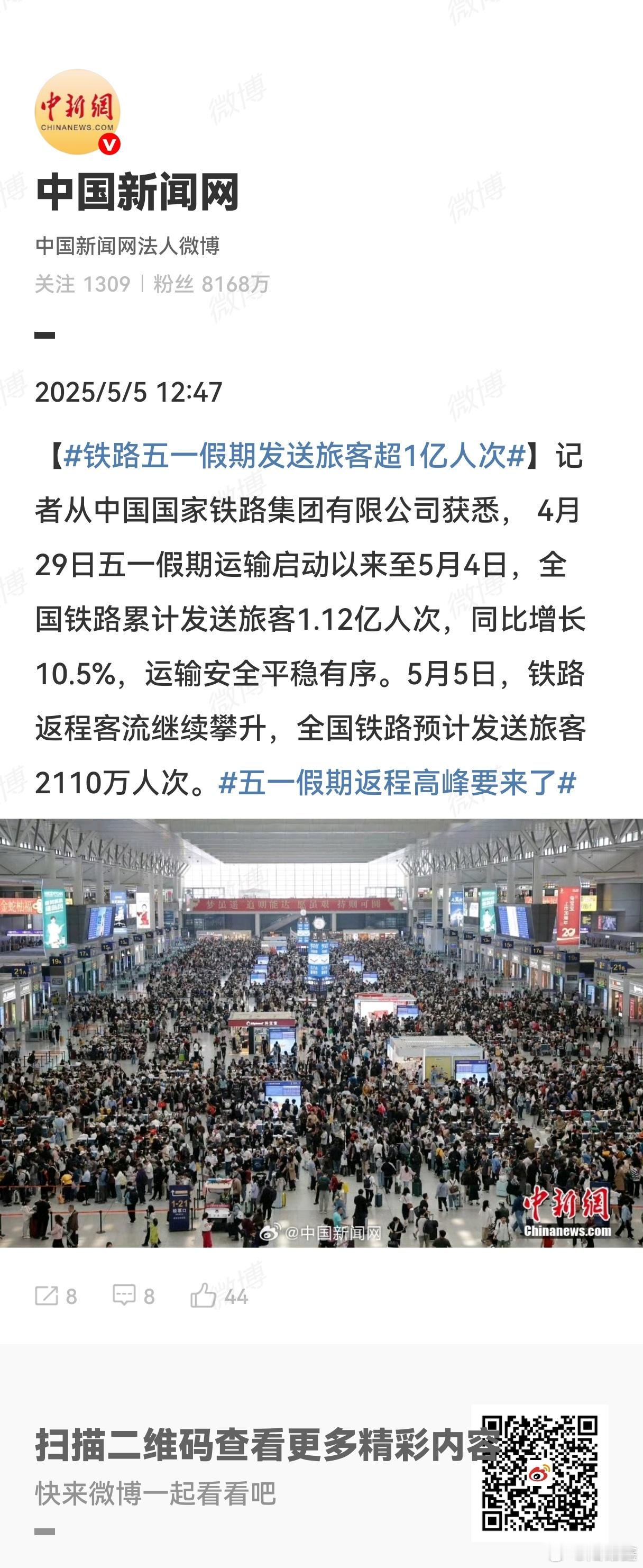 铁路五一假期发送旅客超1亿人次4月29日五一假期运输启动以来至5月4日，全国