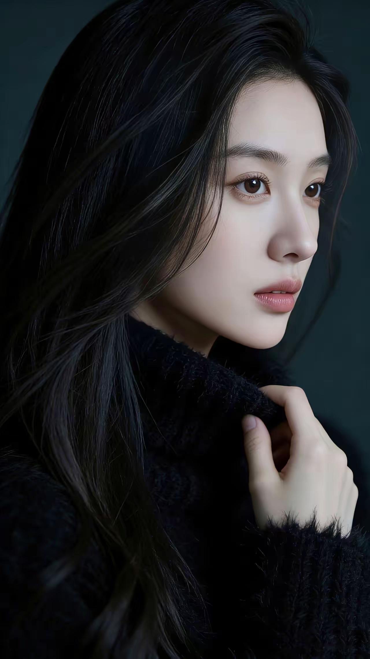沉静的黑色调，温柔的长发，深邃的眼神，仿佛诉说着一个神秘的故事。🌹🌸🌴