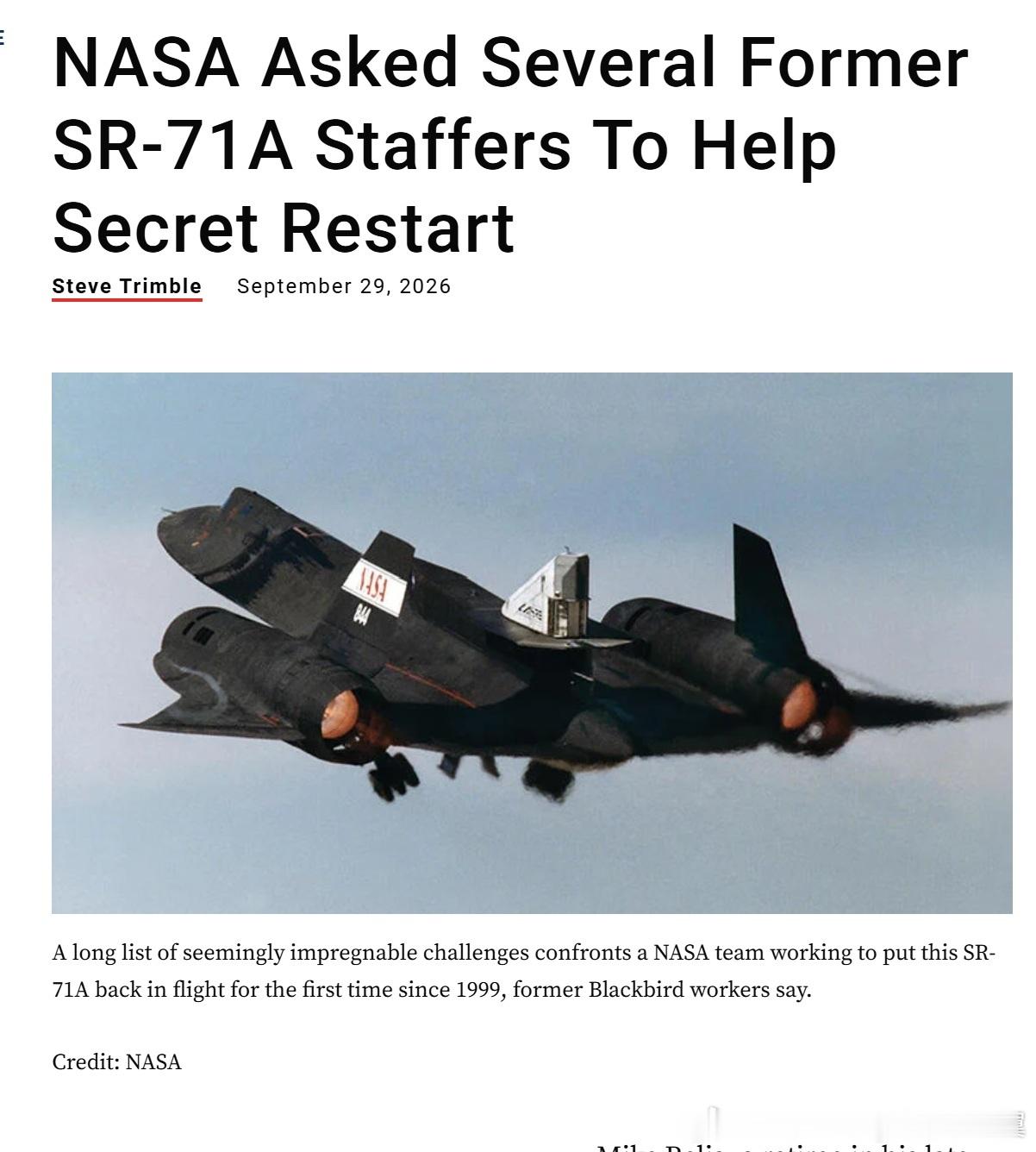 烽火问鼎计划航空周刊说NASA要修复一架SR-71黑鸟，以下为文章大意：Mik