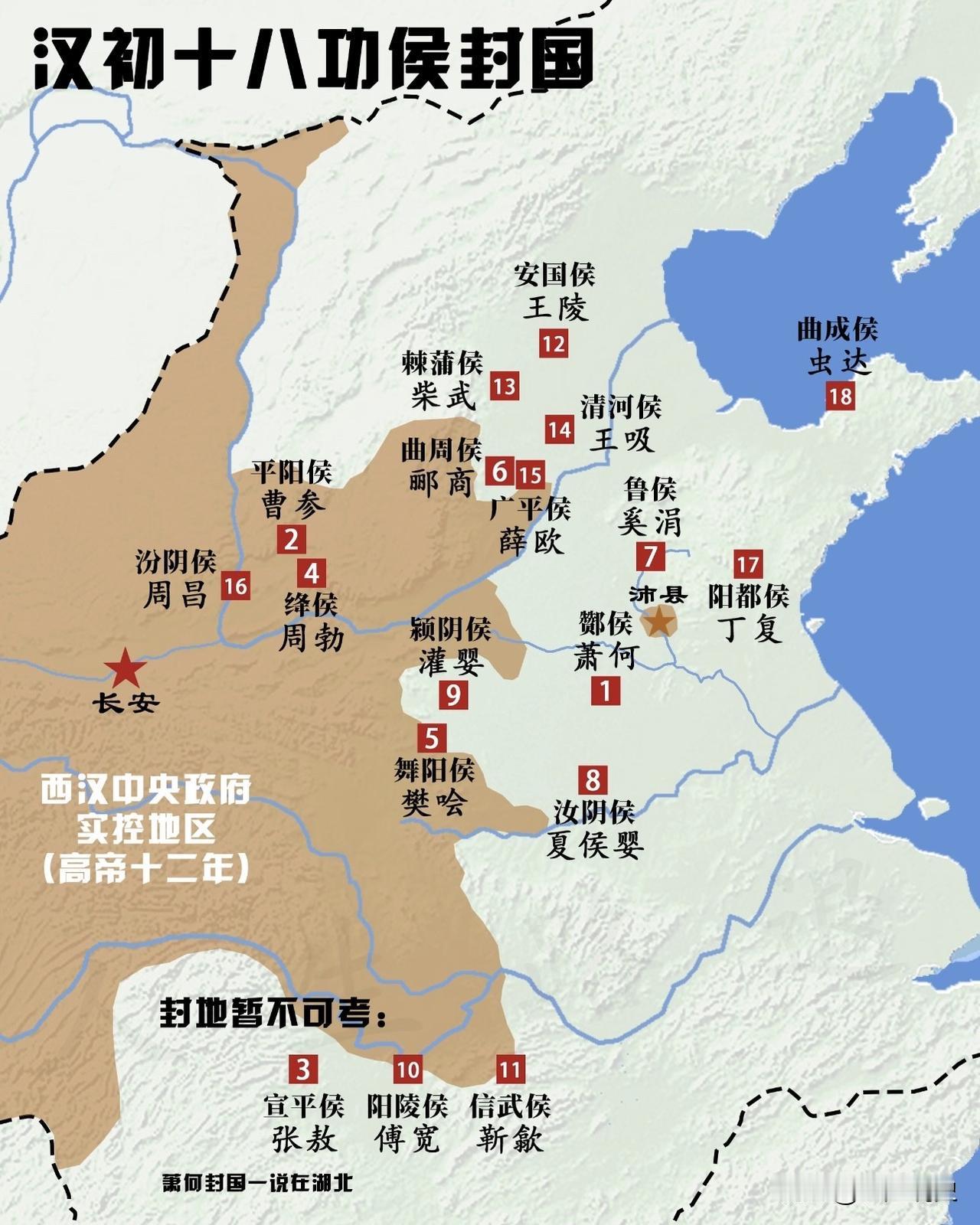 一图了解汉初十八功侯封国，在十八开国侯爵中，除了平阳侯曹参、绛侯周勃及汾阴侯周昌