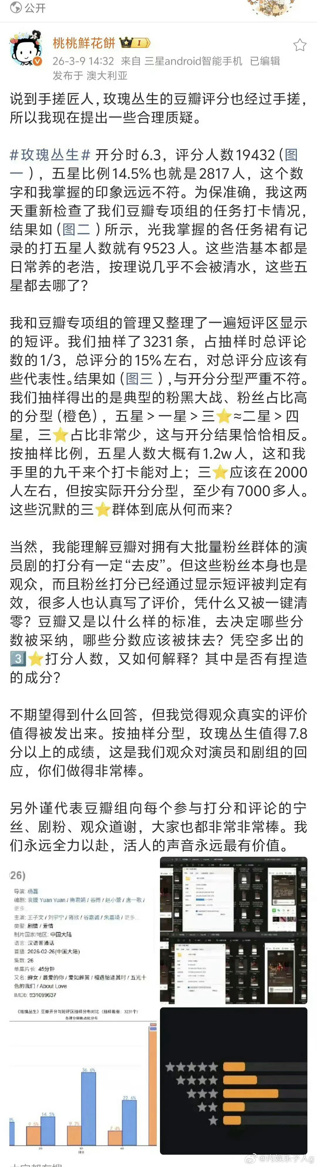 刘宇宁粉丝对豆瓣评分提出质疑了粉丝说用了一万多个养了很久的耗去打五星，都是养了很