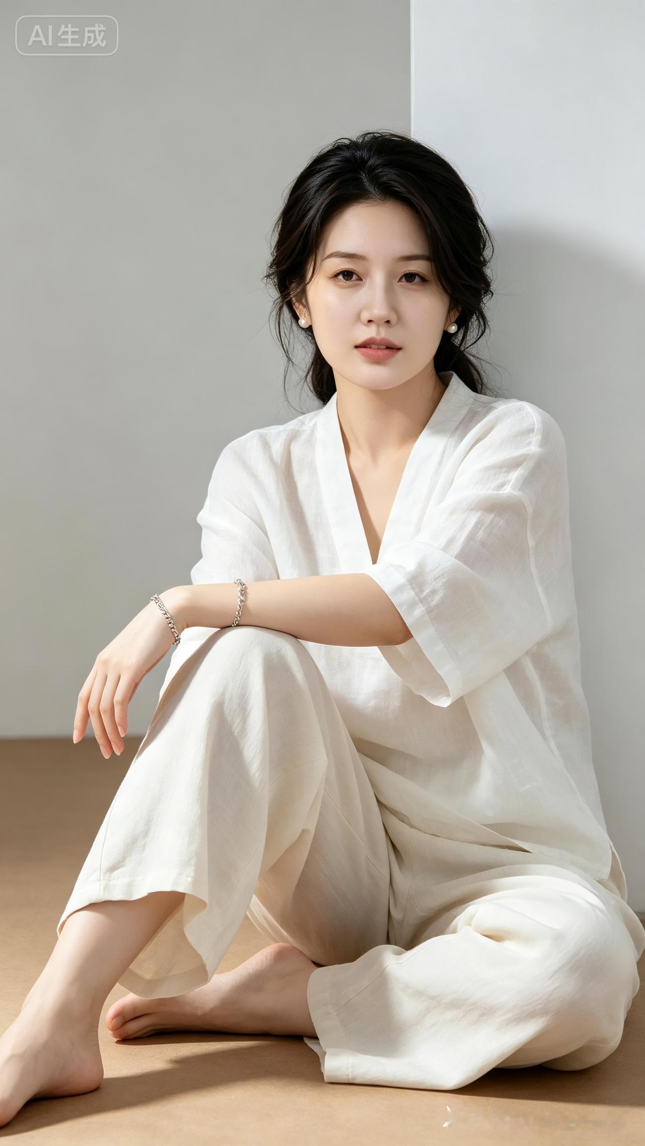 知性女子珍珠耳饰与银手链精致点缀，一身白色亚麻宽松套装。赤脚坐于棕地面，一腿屈一
