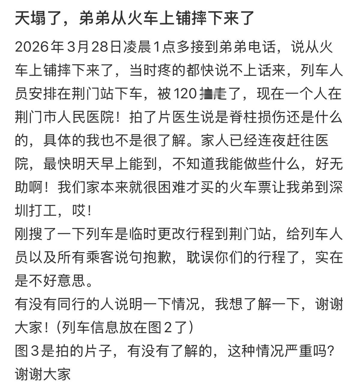 天塌了，弟弟从火车上铺摔下来了