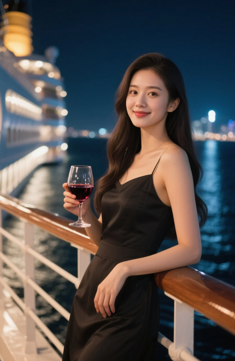 靠栏望海，红酒陪她赏夜色