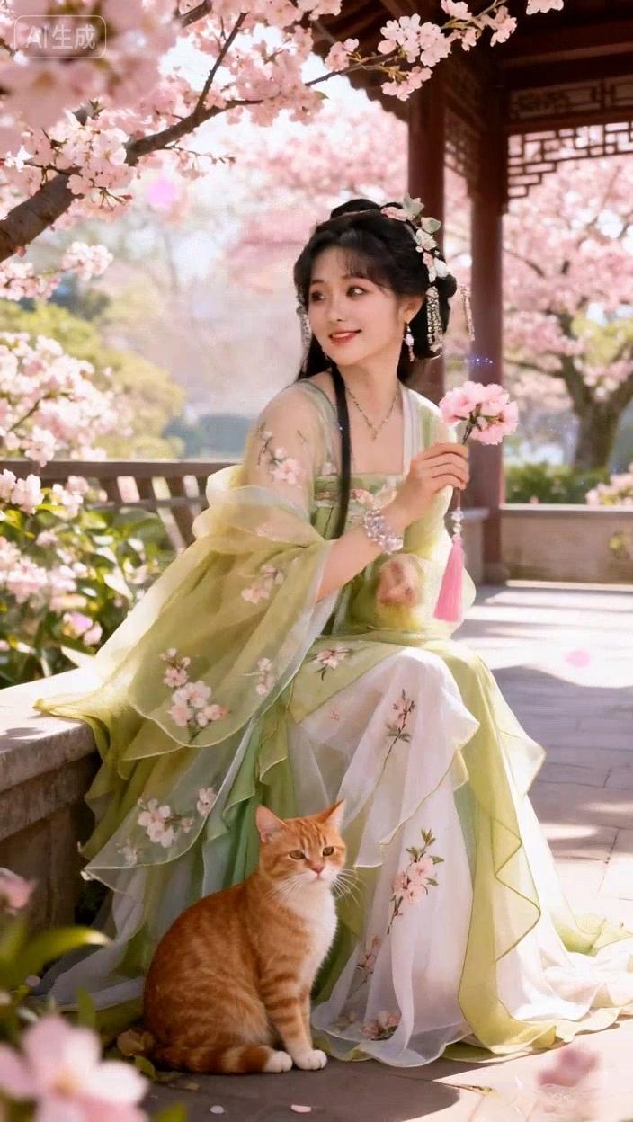 七绝●浪漫樱花/古韵樱花盛放丽人来，美景招猫逗趣台。落叶飘飞添浪漫