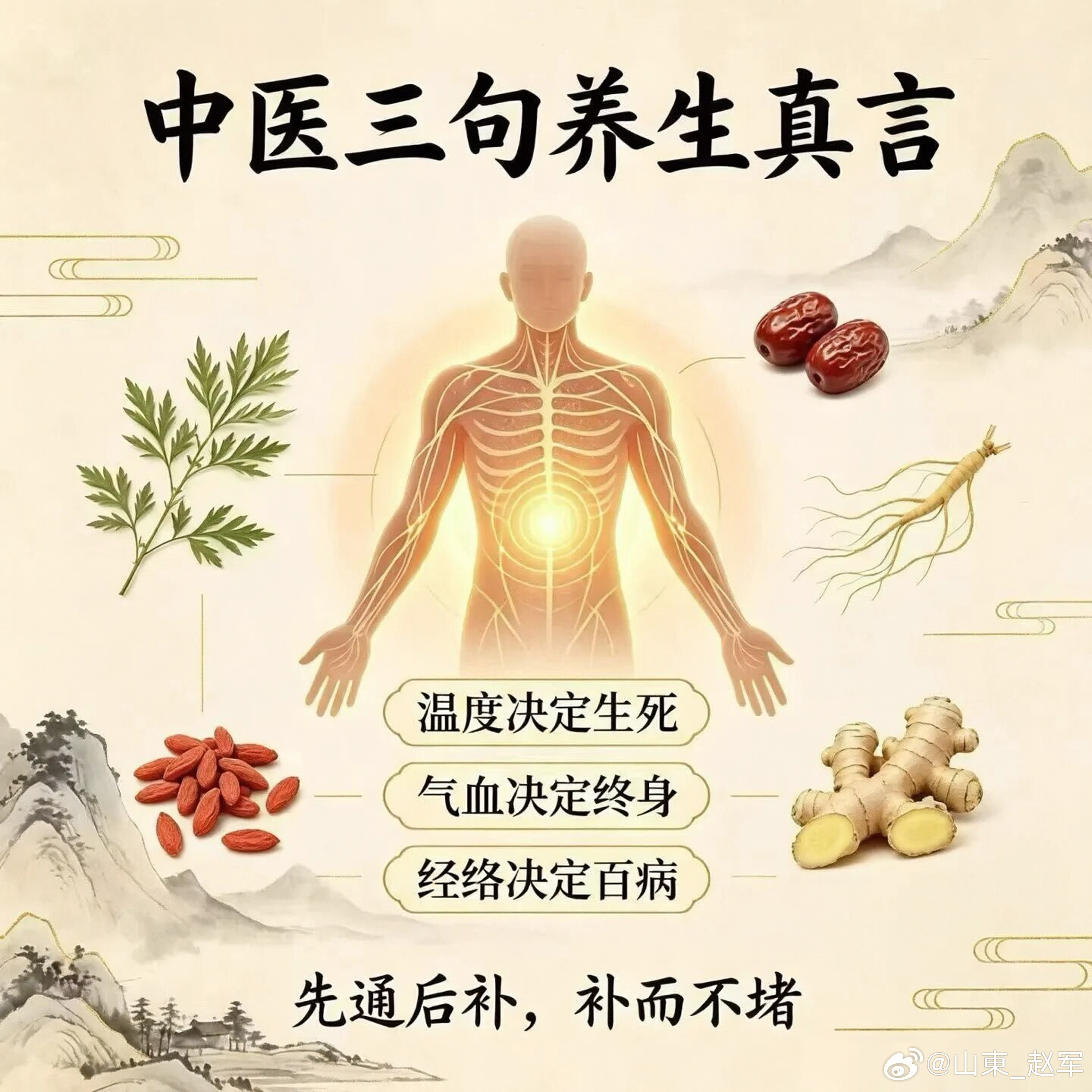 ♦️中医有三句话：♦️1、温度决定生死♦️2、气血决定终身♦️3、经络决定百病♦