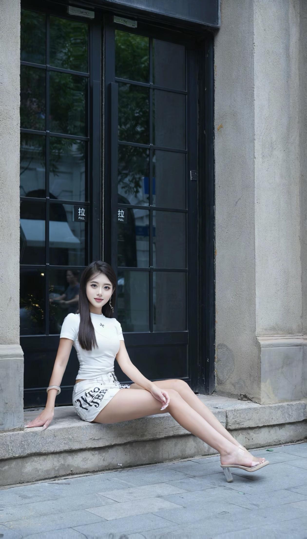美女坐在门口，穿着时尚。