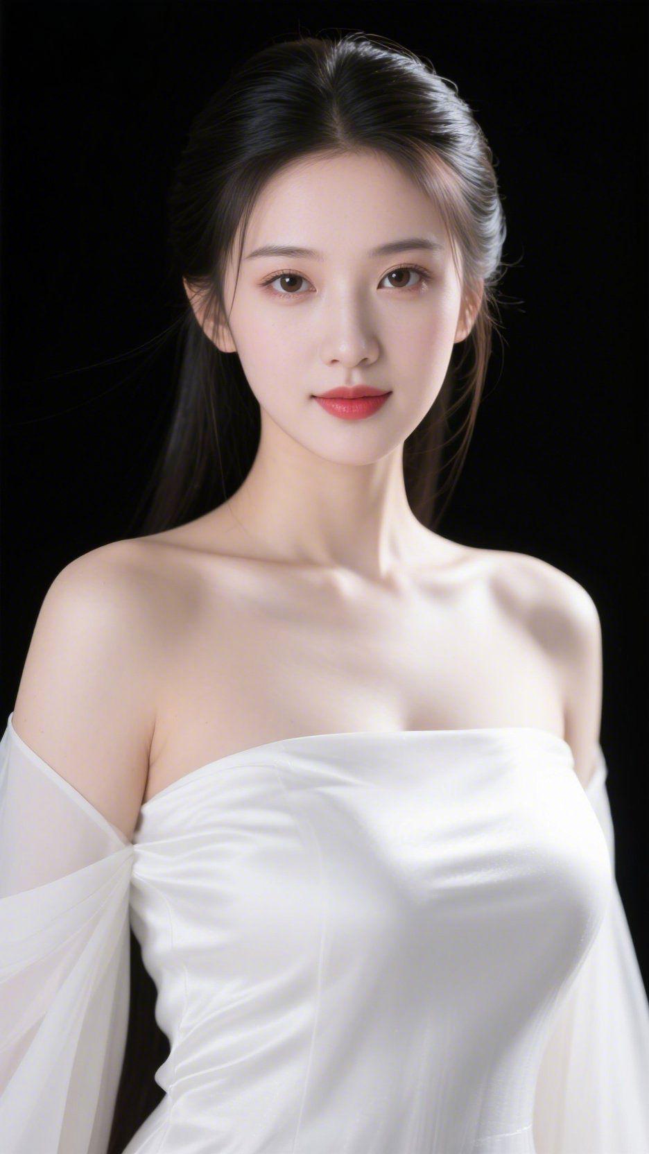 《素衣承光，眉眼清和》墨色背景里，素白裙衫像揉碎的月光轻落肩头——纱袖舒展