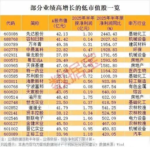 低市值+高业绩增速个股梳理分析！覆盖了化工、机械、建材等17大行业，2025半