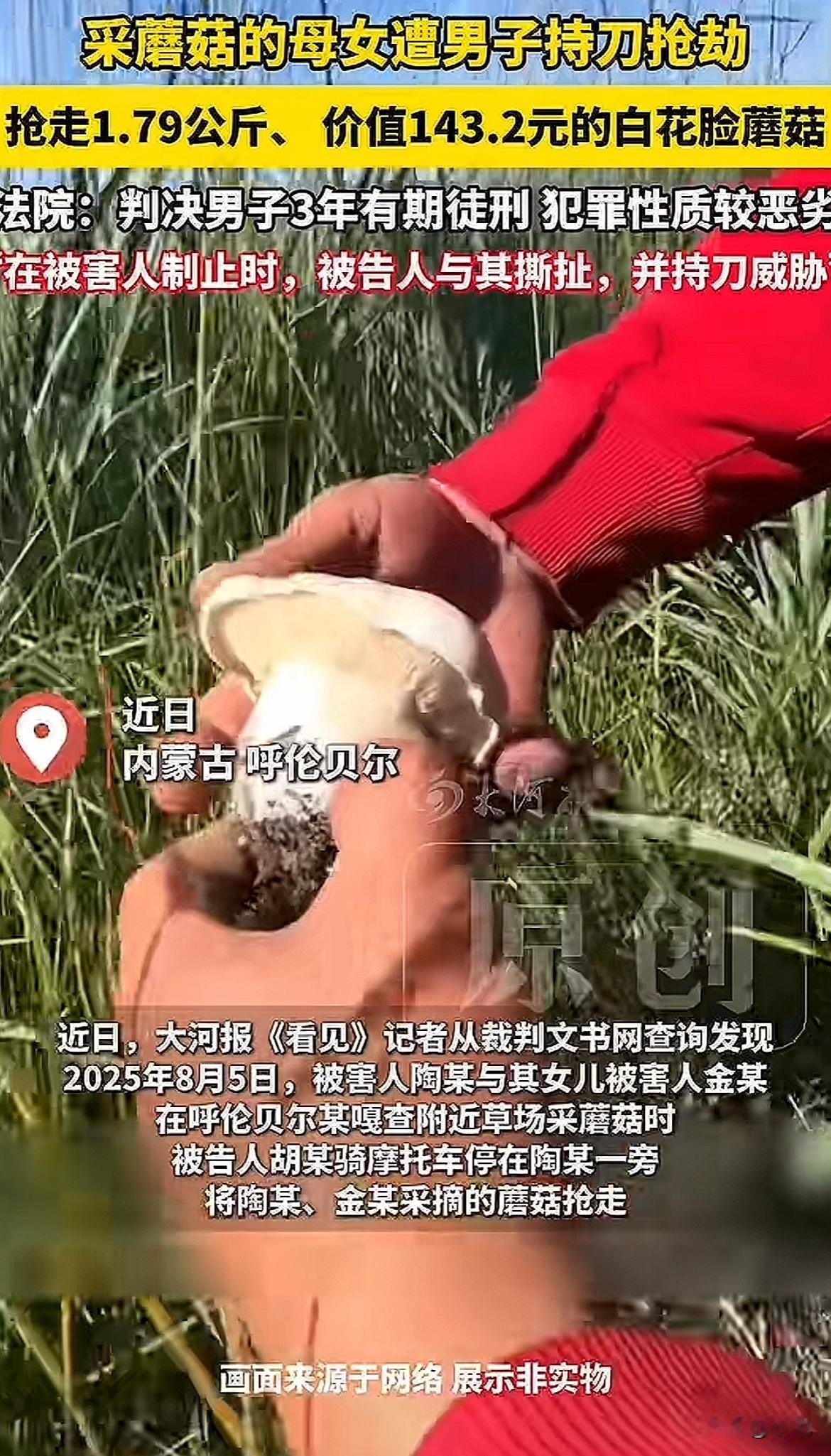 为了一袋蘑菇，值当吗？一百多块钱的东西，拿着刀去抢，结果换来三年牢饭。刚才刷