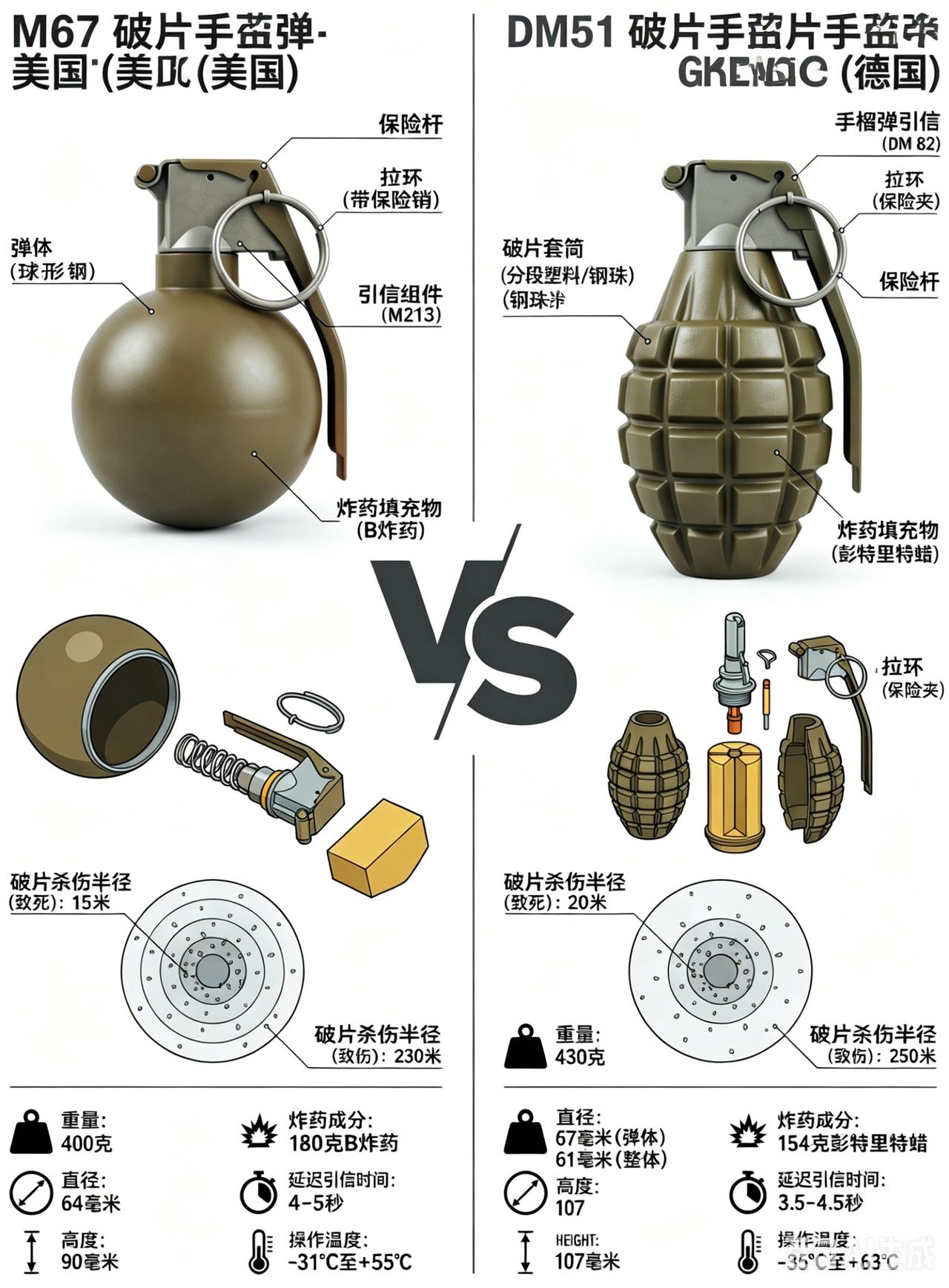 说起现代步兵标配的破片手雷，美军M67和德军DM51绝对是绕不开的两款标