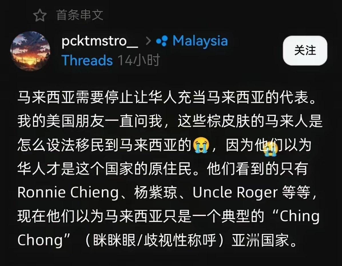 马来西亚的马来人在外网上发文抱怨，为什么总是华人在国际上代表马来西亚，以至于外国