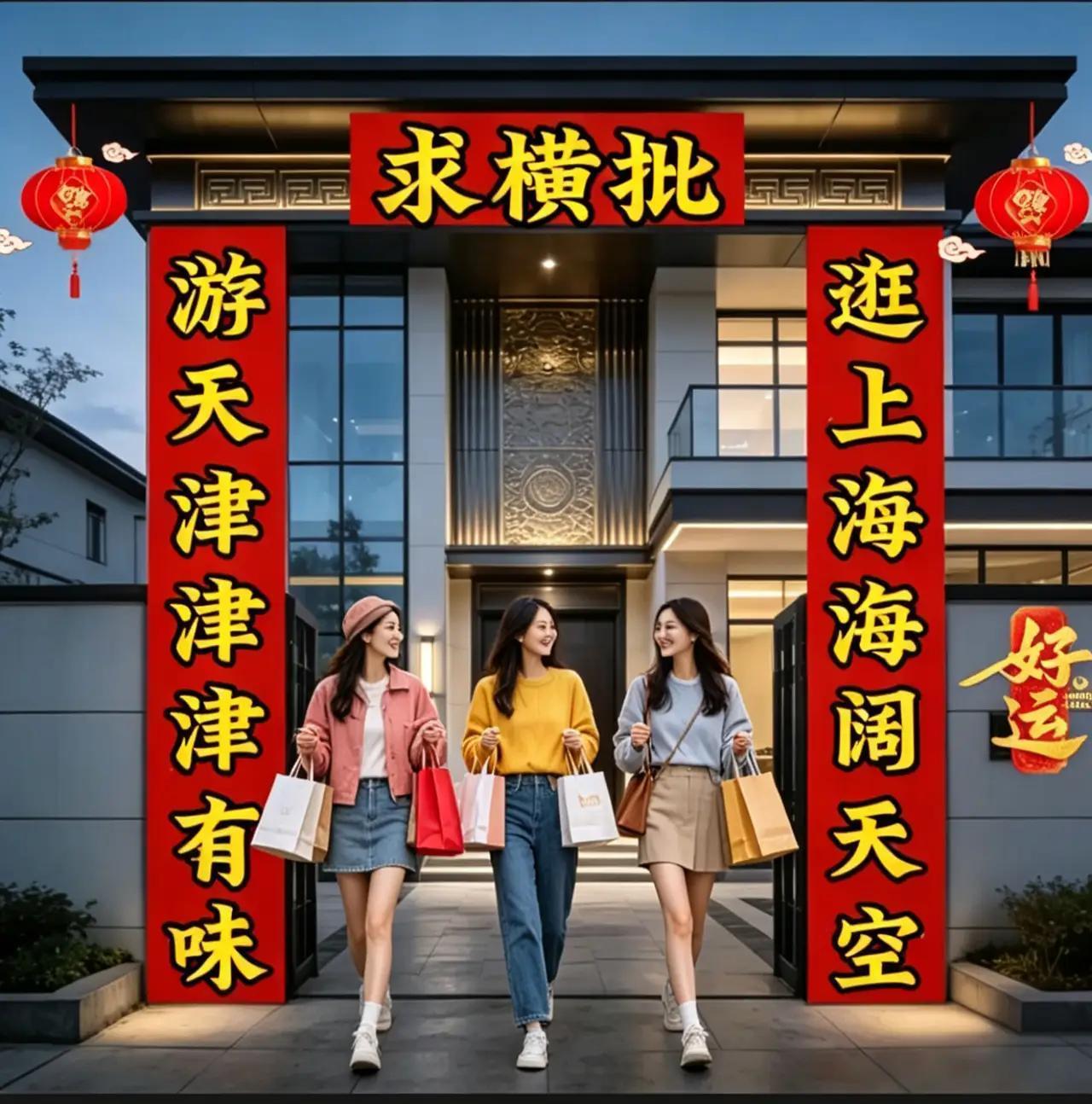 上海三位美女去天津旅游，回家后写出一副对联，可惜横批空缺着，至今无人问津，恳求各