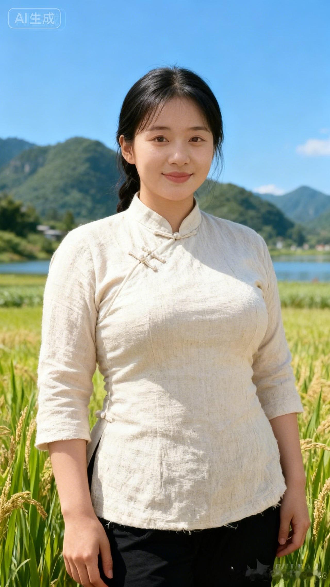 田园少女，微笑面对，自然之美。