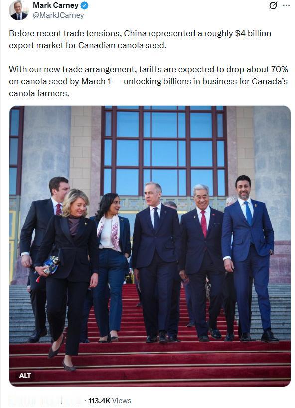 加拿大总理卡尼最近又提起了他访华的成果。他在社交媒体上说，这次访问为加拿大的油菜
