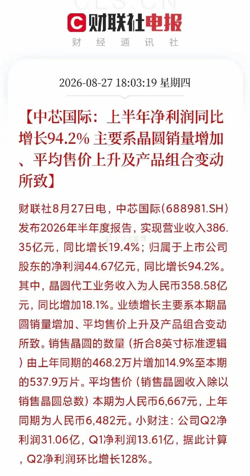 中芯国际半年报，归母净利润44.67亿，增长94%，毫无疑问，中芯国际净利润将来