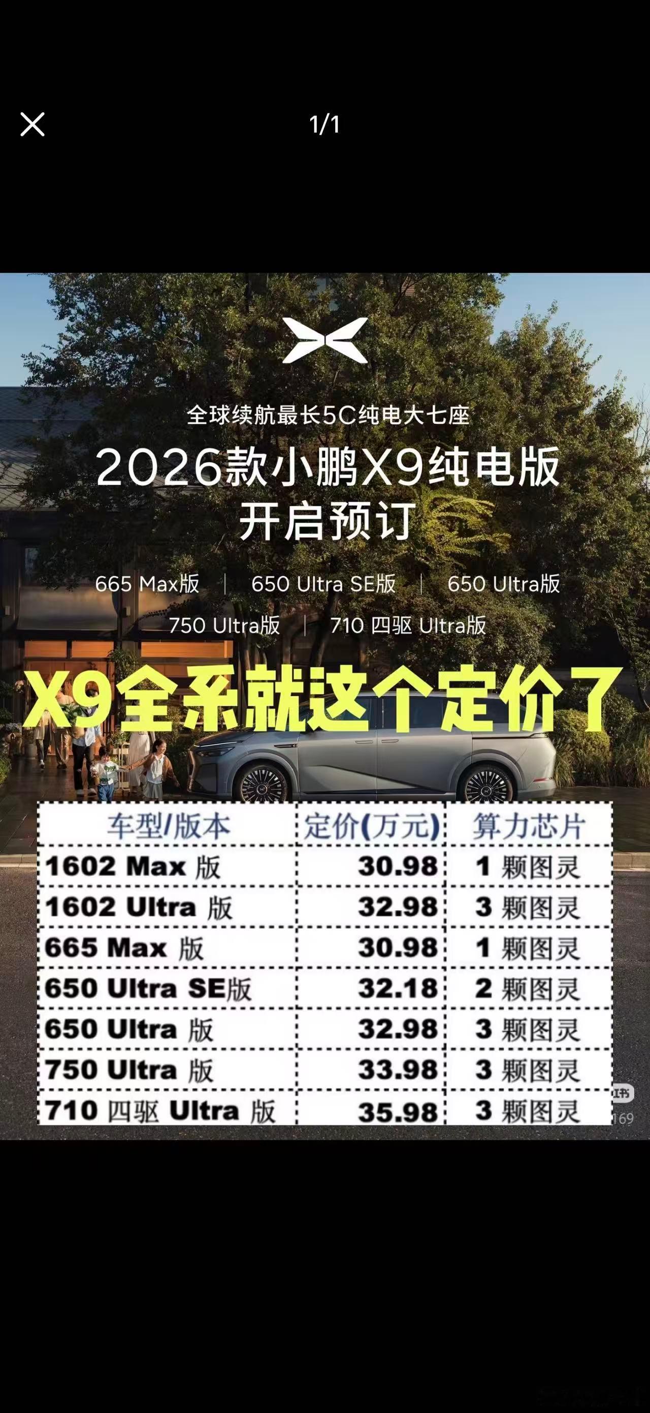 细分成7个版本的小鹏X9车型。又是眼花缭乱的一长排，根据电池分，还根据算力芯片来