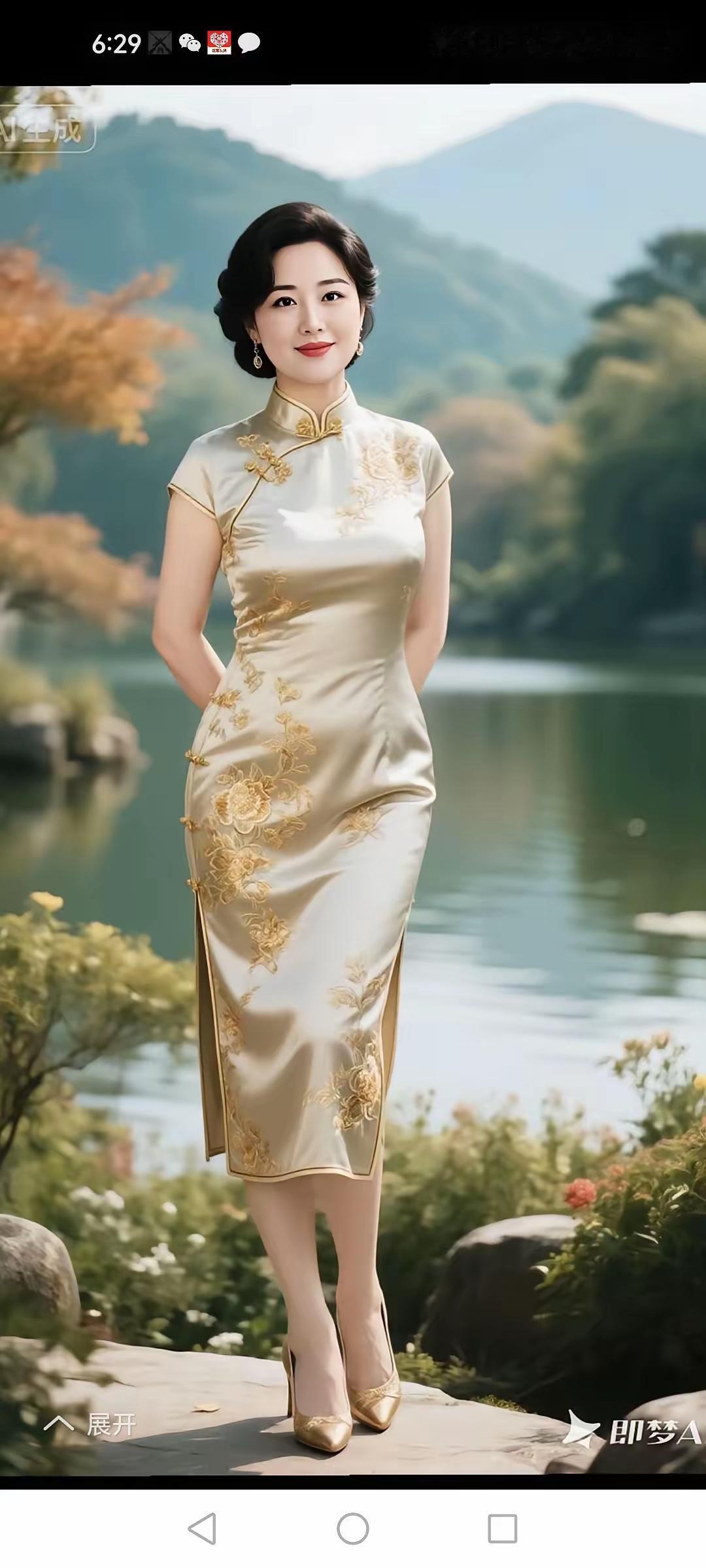 清平乐·旗袍映山水青山凝翠，碧水烟光媚。窈窕旗袍添韵致，入画宛如仙卉。