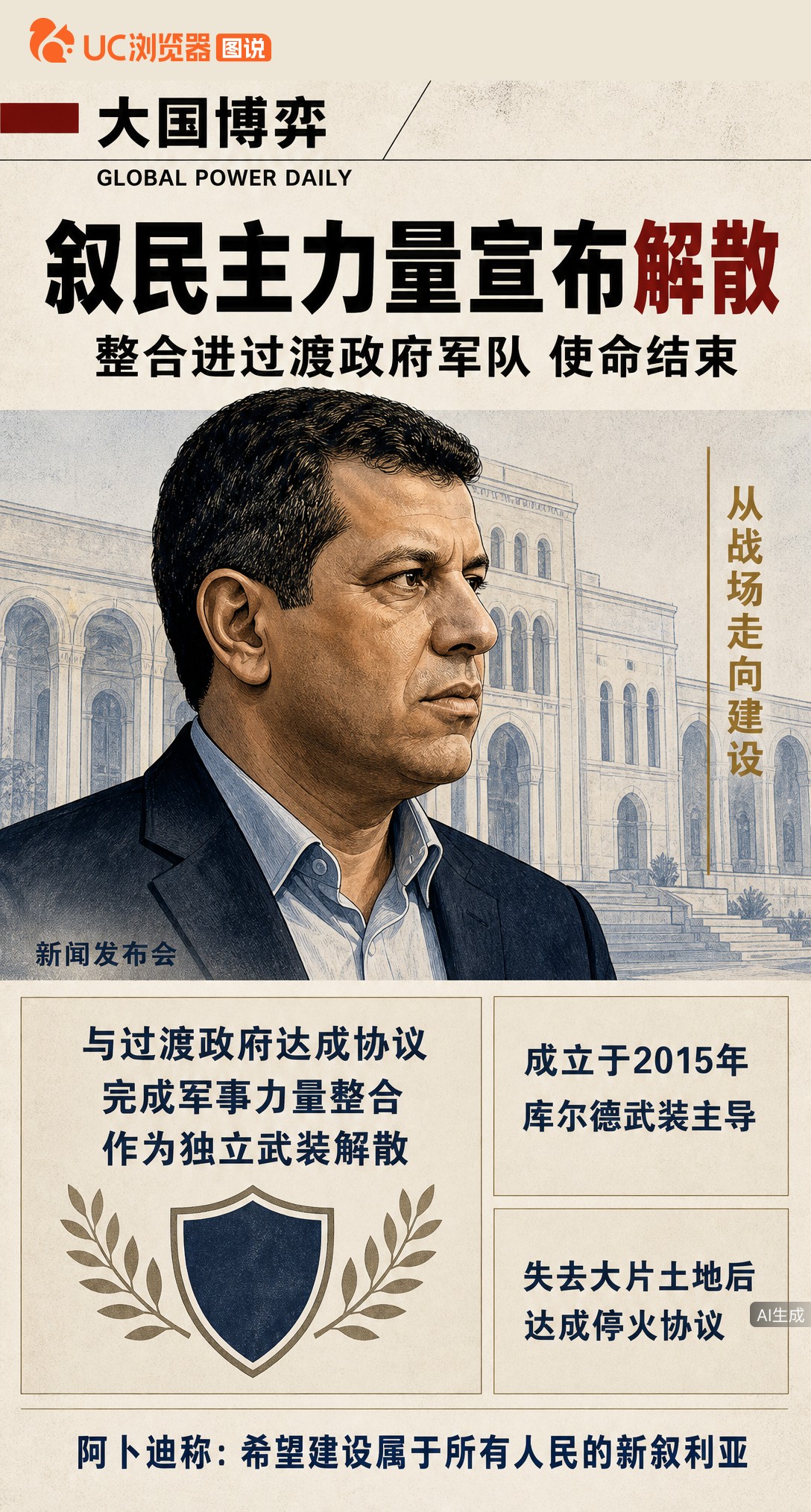 叙利亚民主力量宣布解散并整合进国家机构，领导人阿卜迪称使命结束。从控制大片地区到交出兵权，这支库尔德
